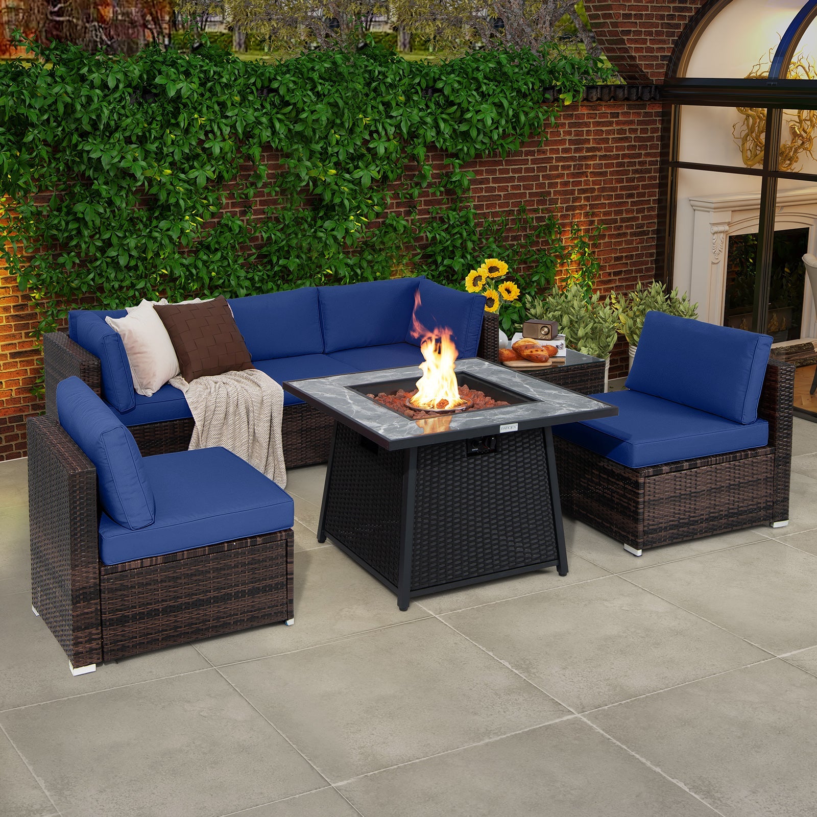 Costway 7-Pc Patio Furniture Set w/ 35" 50000 BTU Propane Gas Fire Pit Table & Waterproof Cover 96487235 New