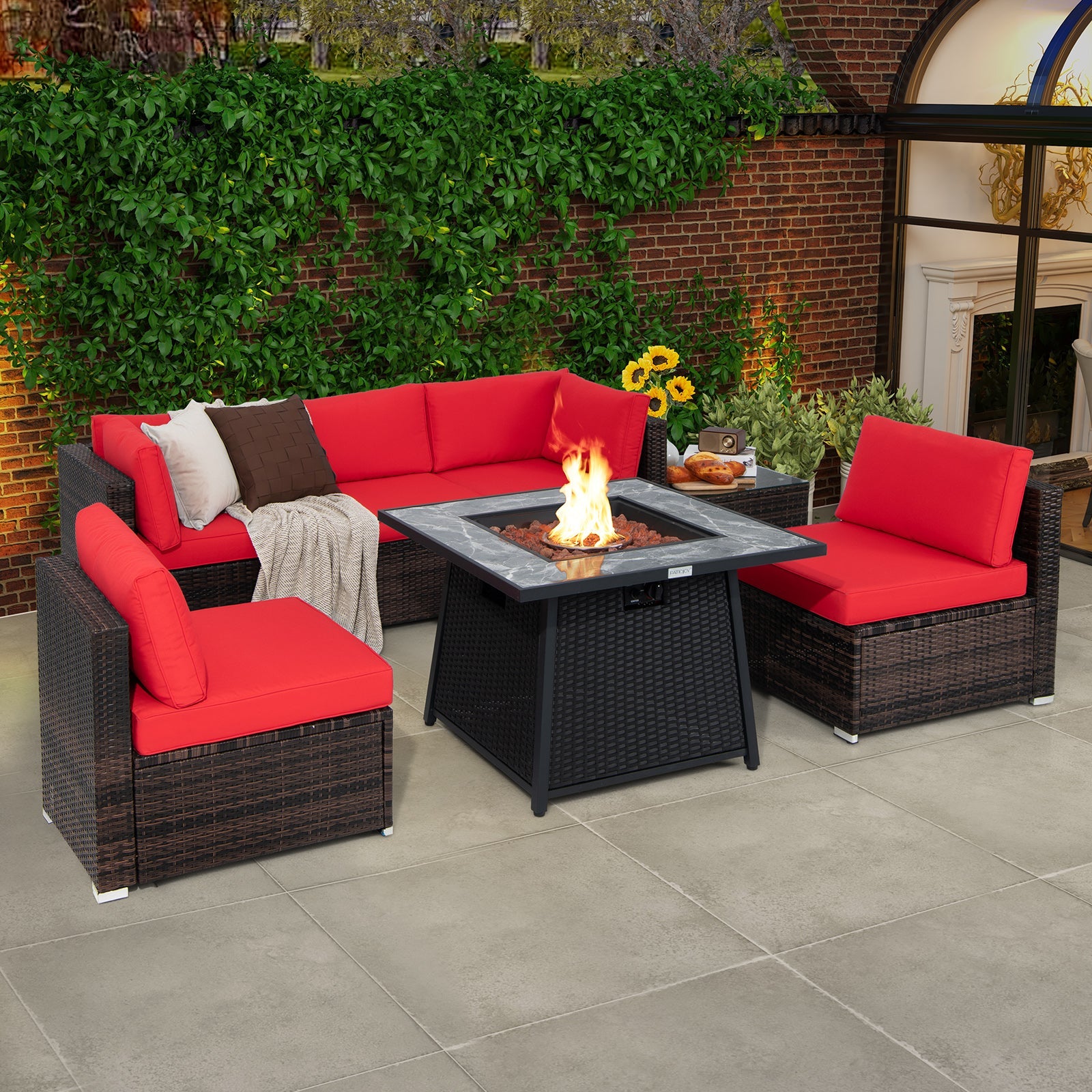 Costway 7-Pc Patio Furniture Set w/ 35" 50000 BTU Propane Gas Fire Pit Table & Waterproof Cover 96487235 New