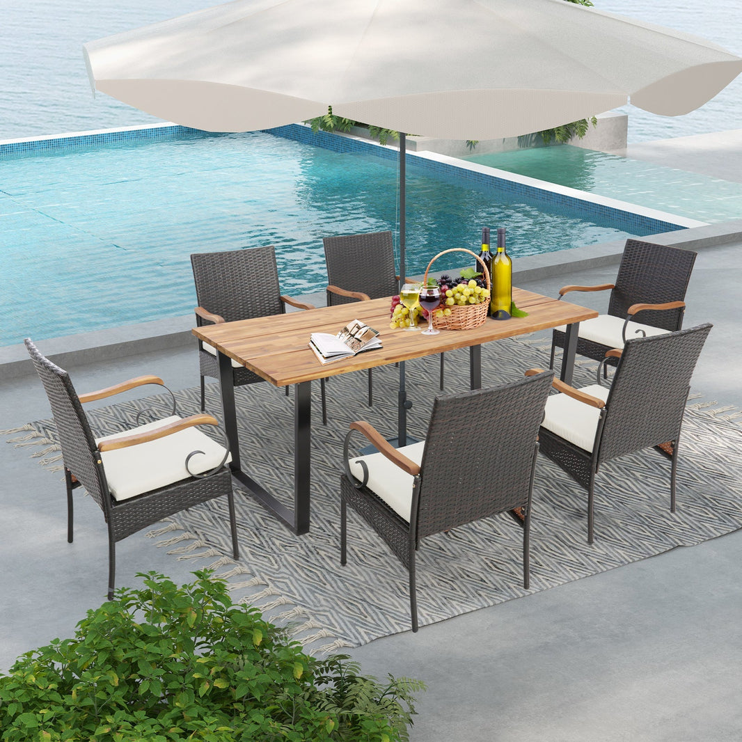 Costway 7-Piece Rattan Patio Dining Set w/ Umbrella Hole 92785136 New
