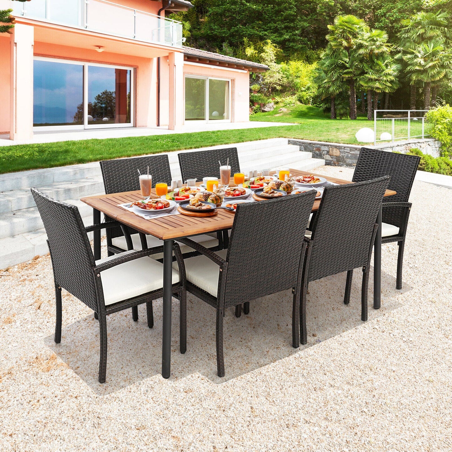 Costway 7-Pc Patio Wicker Cushioned Dining Set w/ Umbrella Hole 21965384 New