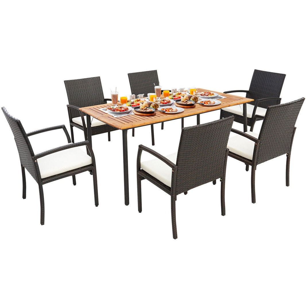 Costway 7-Pc Patio Wicker Cushioned Dining Set w/ Umbrella Hole 21965384 New