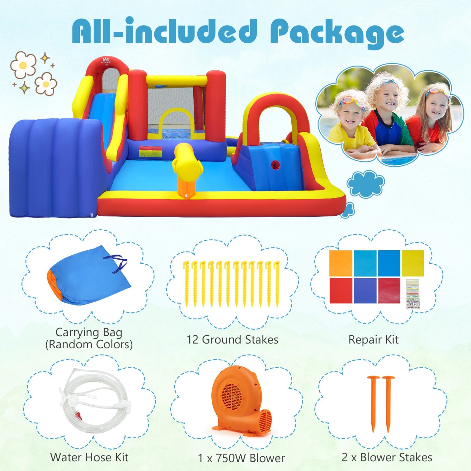 Costway 7-in-1 Outdoor Inflatable Bounce House Water Slide Splash Pool w/ 750W Blower 78426931 New