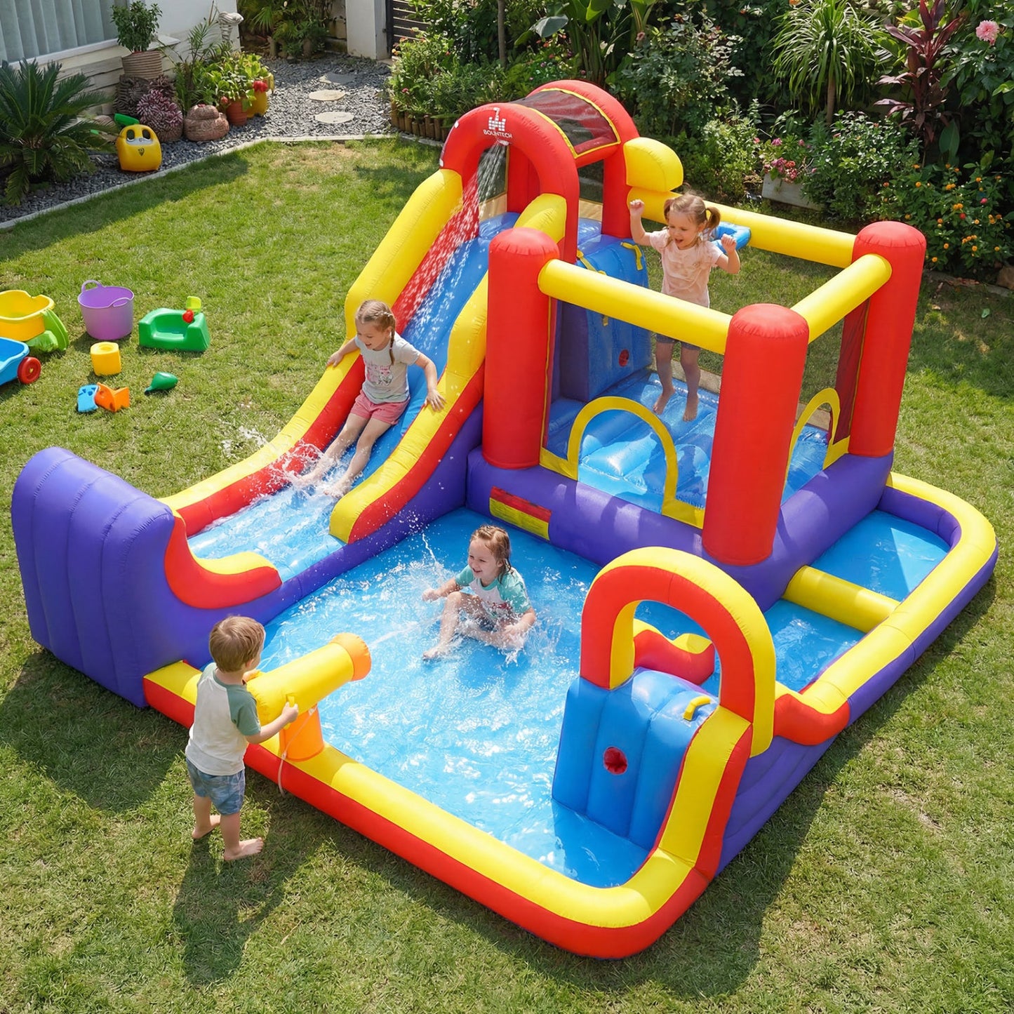 Costway 7-in-1 Outdoor Inflatable Bounce House Water Slide Splash Pool w/ 680W Blower 84193765 New