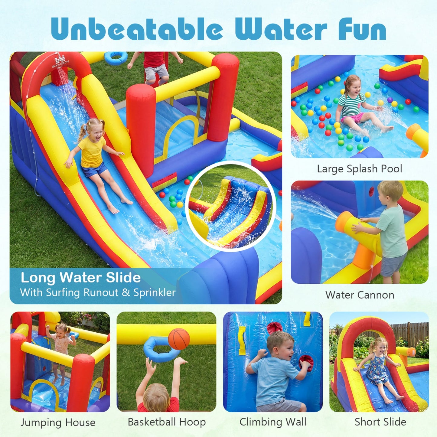 Costway 7-in-1 Outdoor Inflatable Bounce House Water Slide Splash Pool w/ 680W Blower 84193765 New