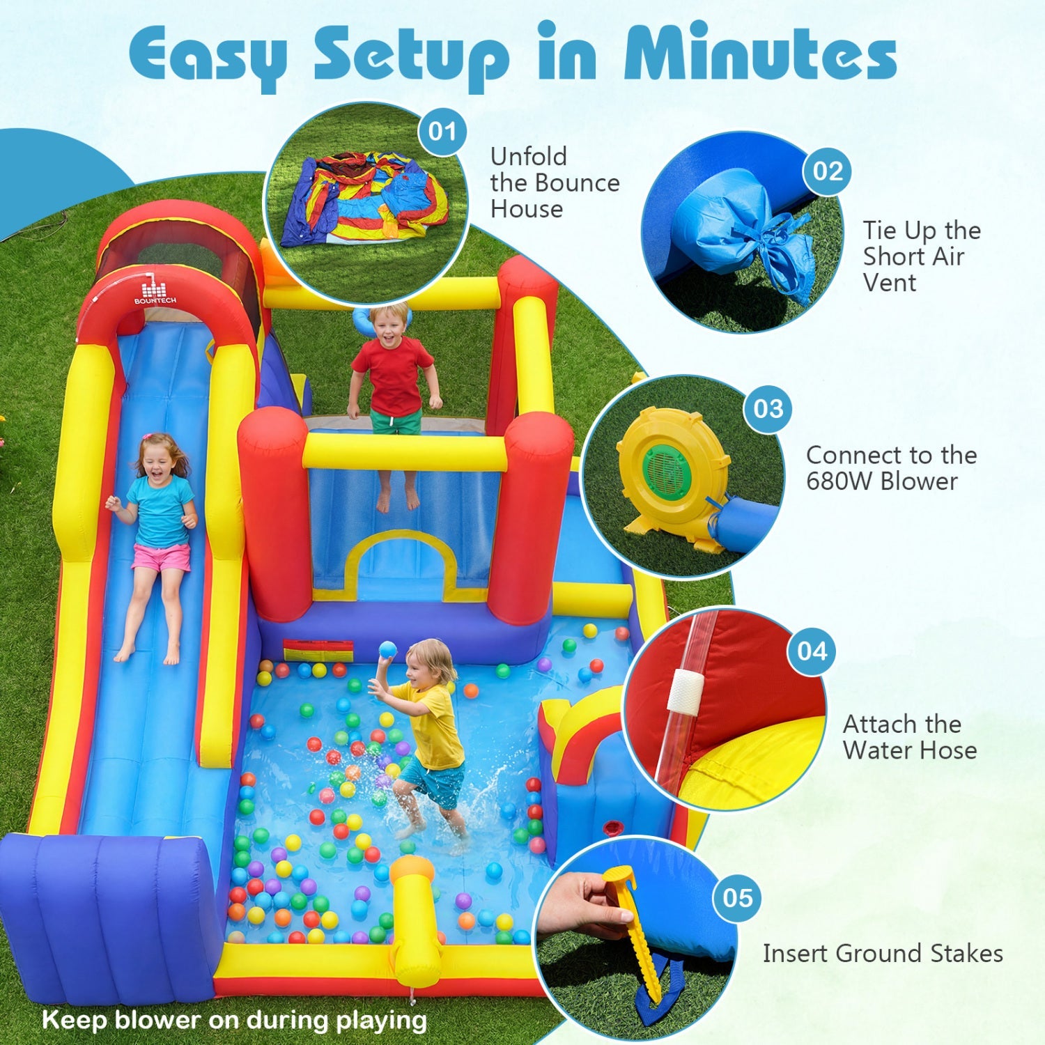 Costway 7-in-1 Outdoor Inflatable Bounce House Water Slide Splash Pool w/ 680W Blower 84193765 New