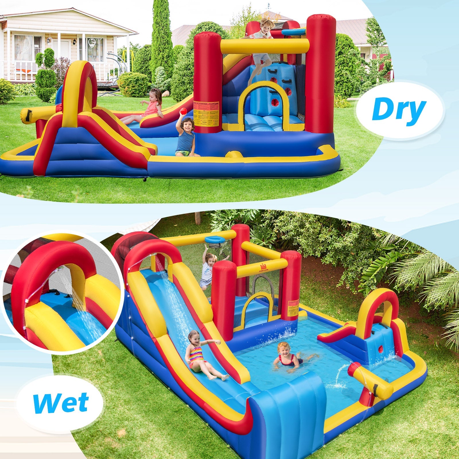 Costway 7-in-1 Outdoor Inflatable Bounce House Water Slide Splash Pool w/ 950W Blower 46318725 New