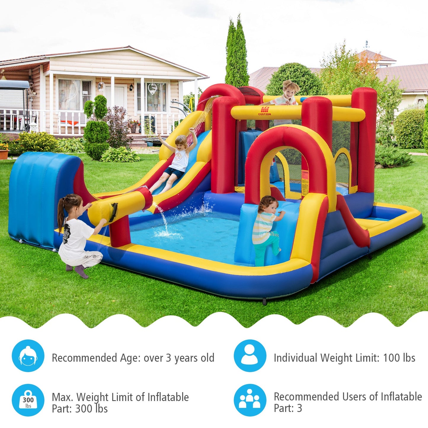 Costway 7-in-1 Outdoor Inflatable Bounce House Water Slide Splash Pool w/ 950W Blower 46318725 New