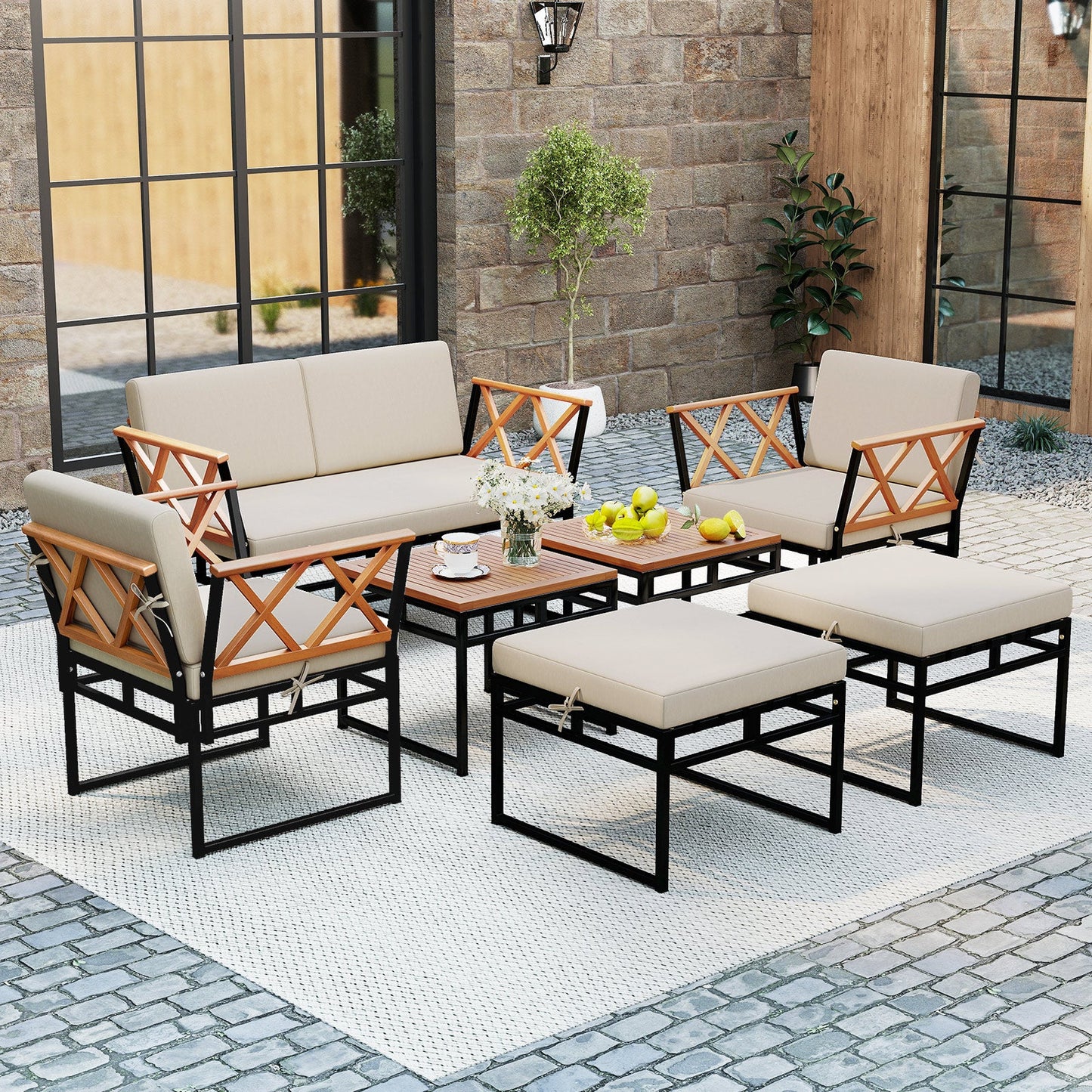 Costway 7 Piece Outdoor Patio Conversation Set w/ Cushions Bungee Rope Seat 674392158 New