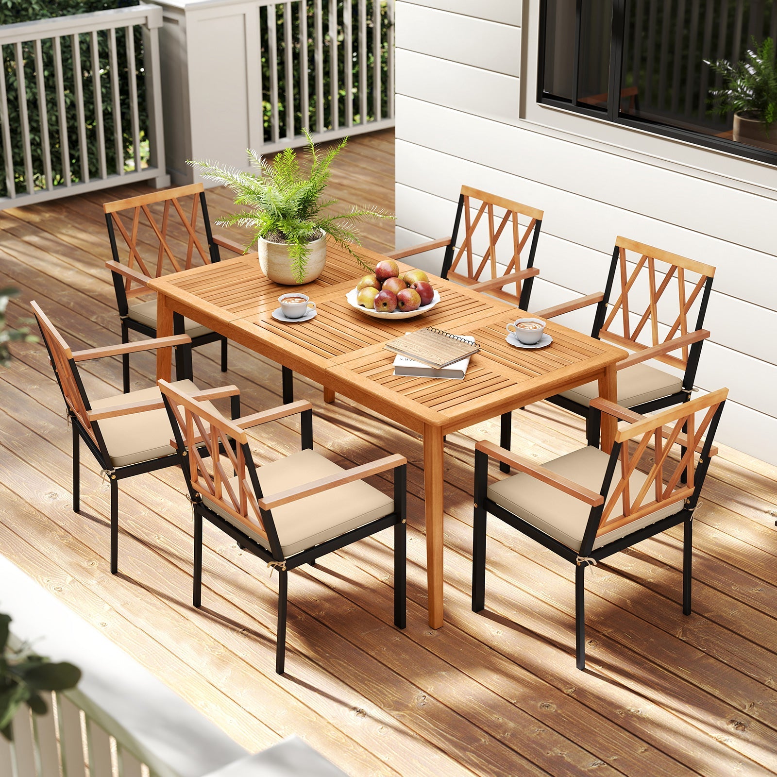 Costway 7-Piece Patio Acacia Wood Dining Set w/ Umbrella Hole 176243589 New