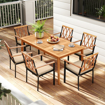 Costway 7-Piece Patio Acacia Wood Dining Set w/ Umbrella Hole 176243589 New