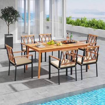 Costway 7-Piece Patio Acacia Wood Dining Set w/ Umbrella Hole 176243589 New