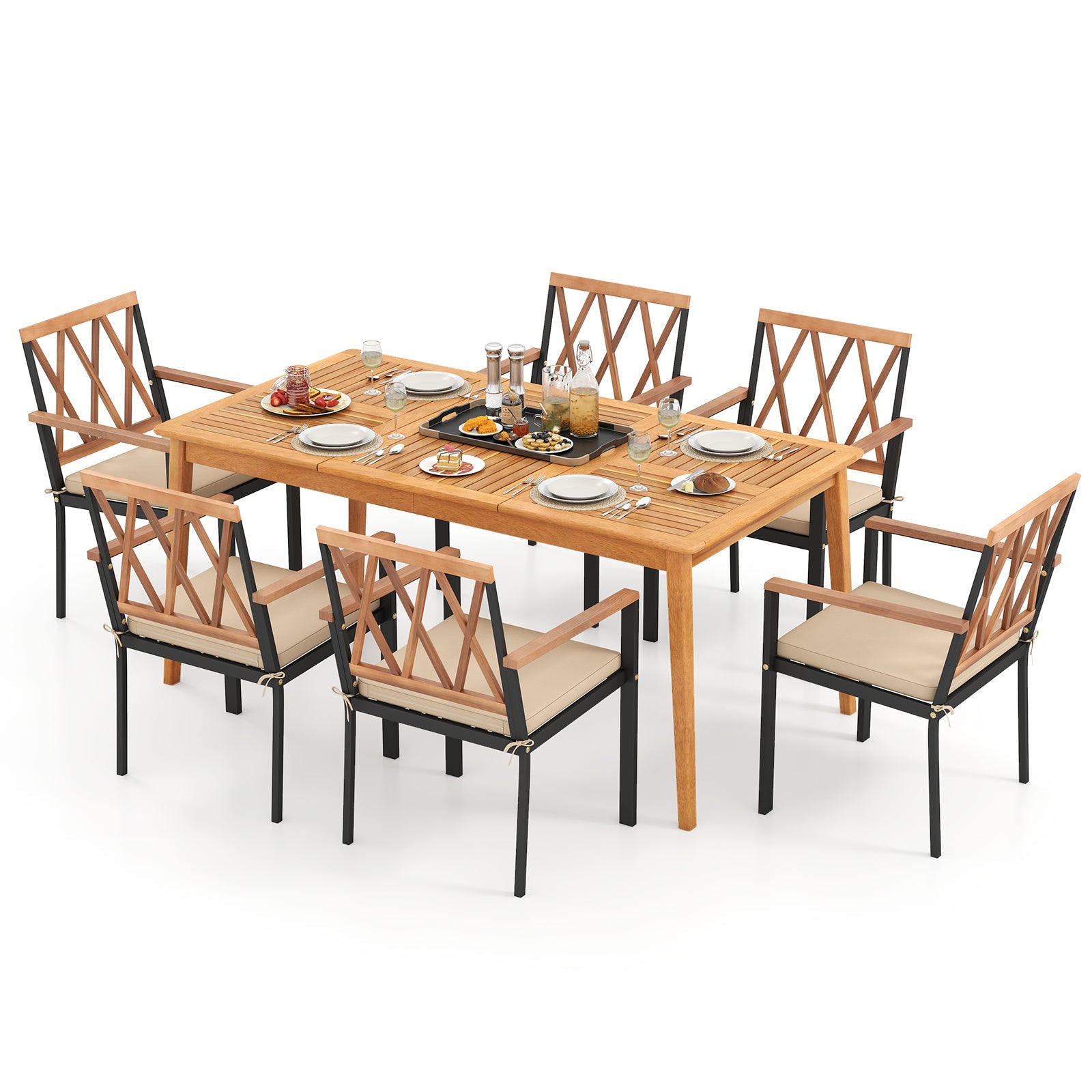 Costway 7-Piece Patio Acacia Wood Dining Set w/ Umbrella Hole 176243589 New