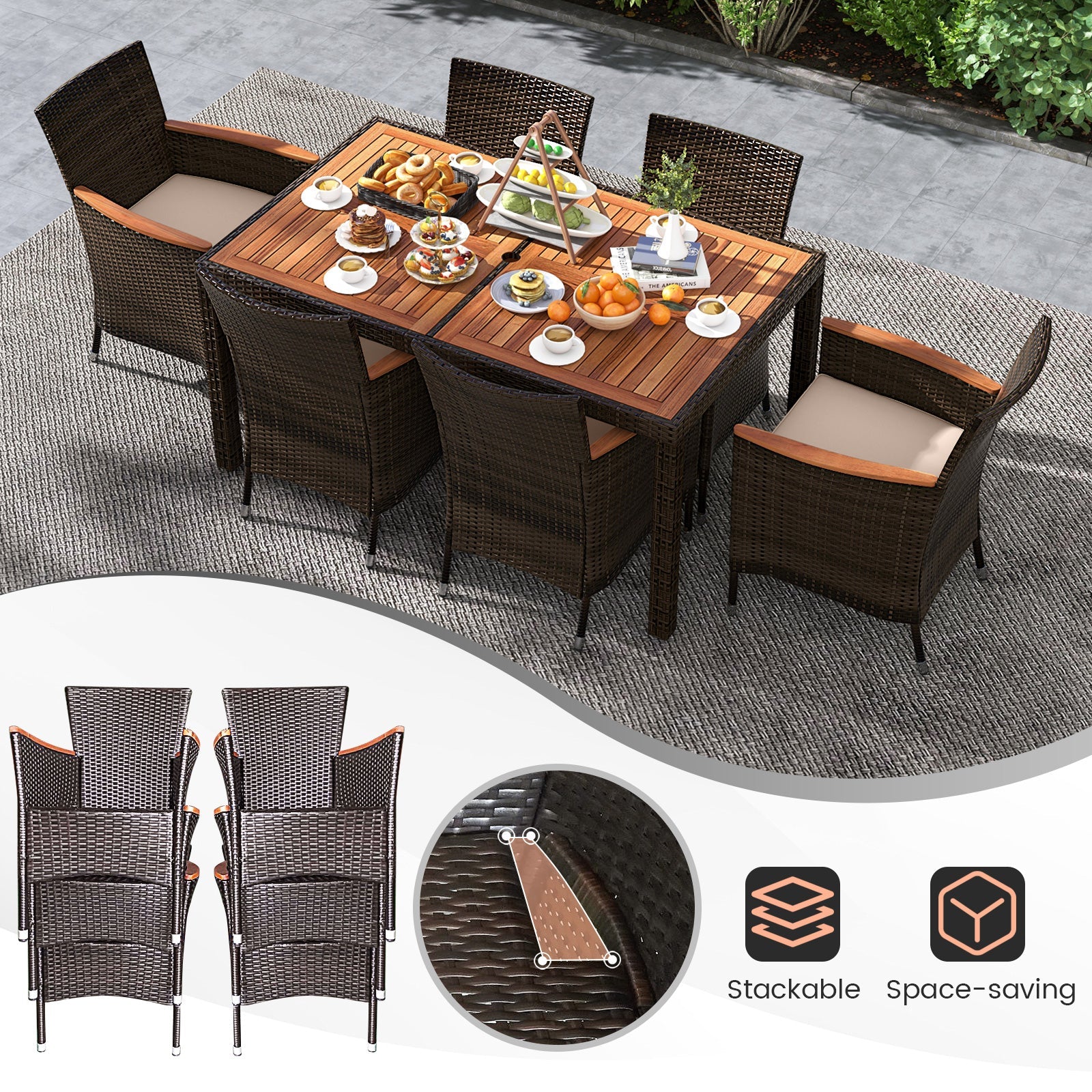 Costway 7-Pc Patio Rattan Garden Dining Set w/ Cushions 19376820 New