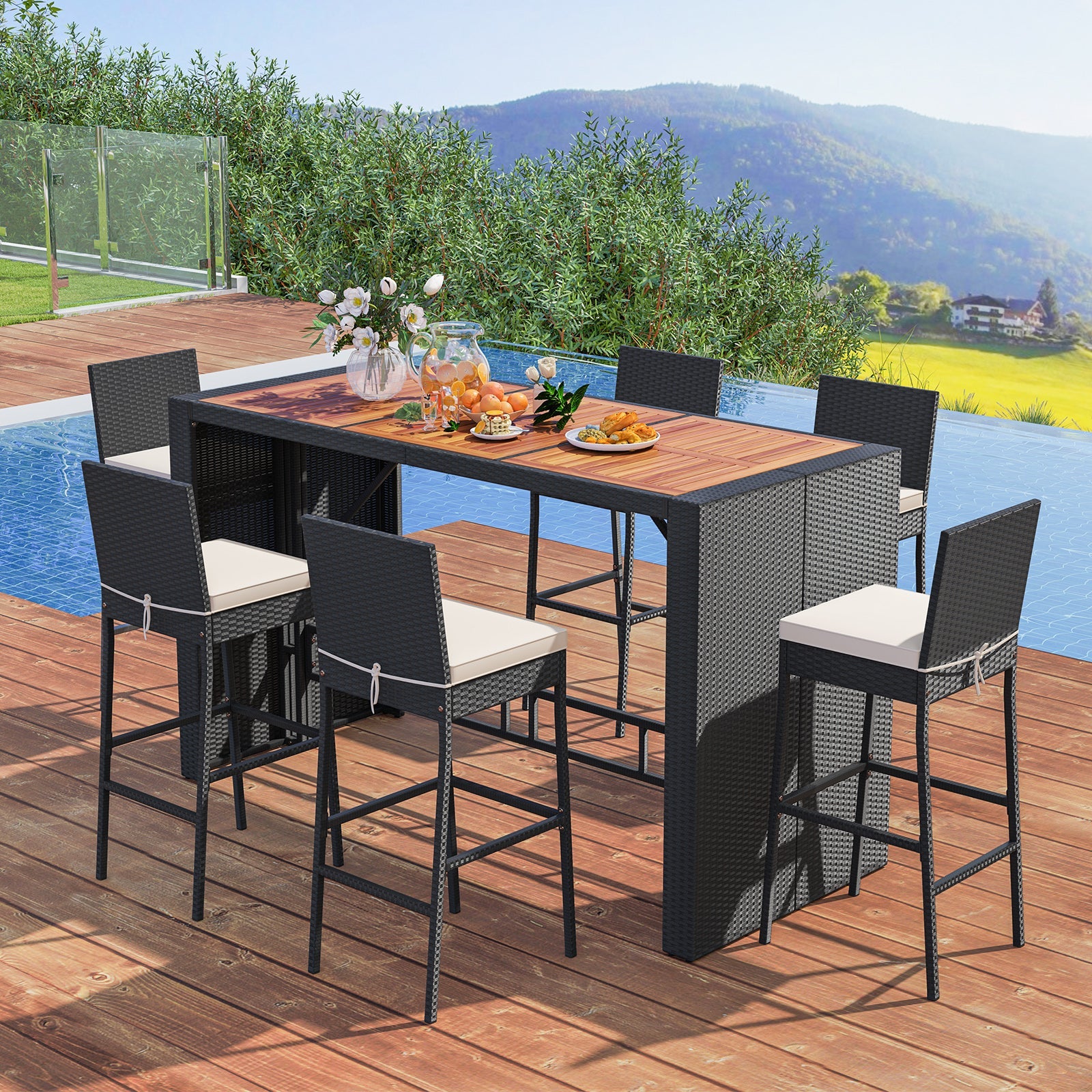Costway 7-Pc Patio Rattan Bar Set w/ Seat Cushions Outdoor Porch Yard Garden 41298635 New