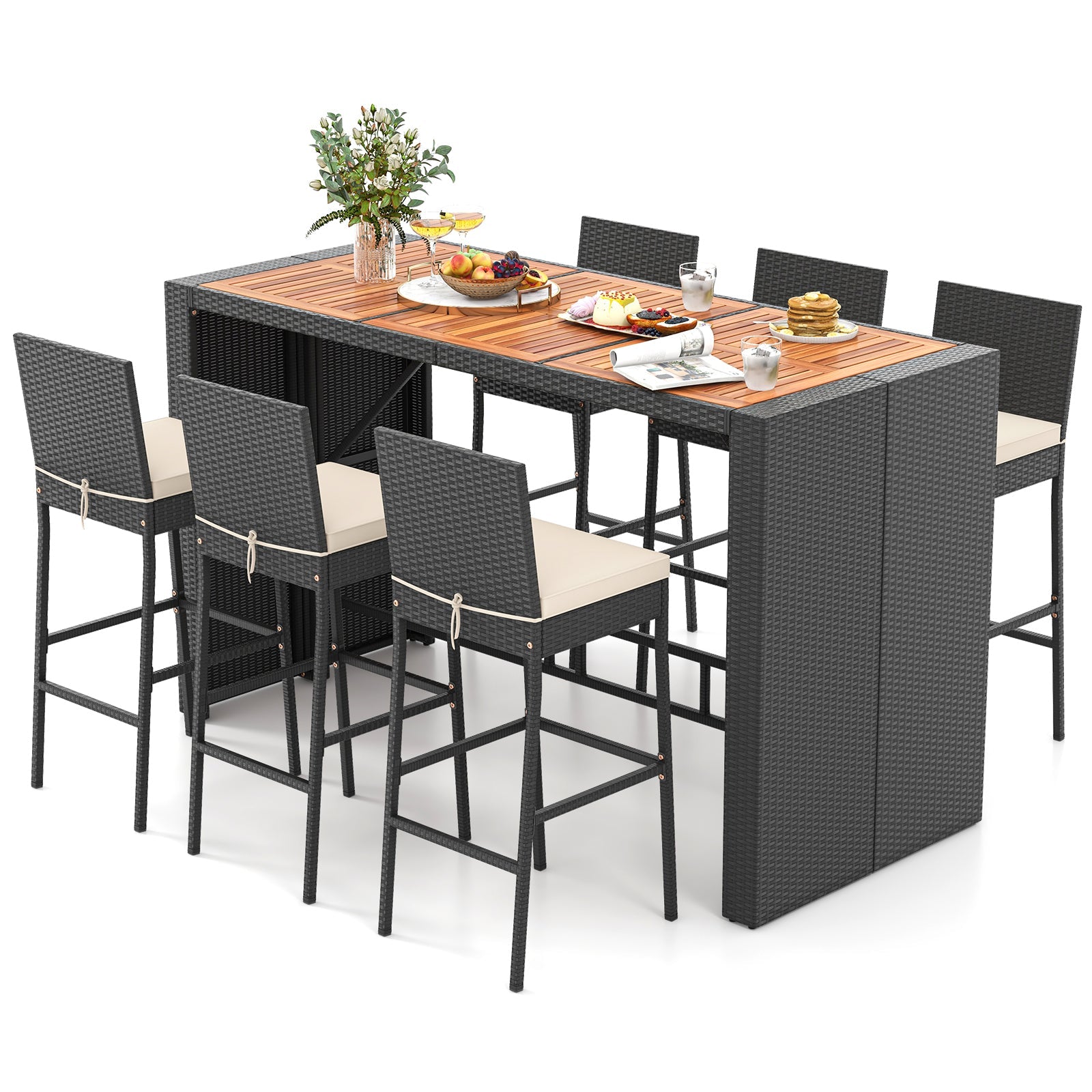 Costway 7-Pc Patio Rattan Bar Set w/ Seat Cushions Outdoor Porch Yard Garden 41298635 New