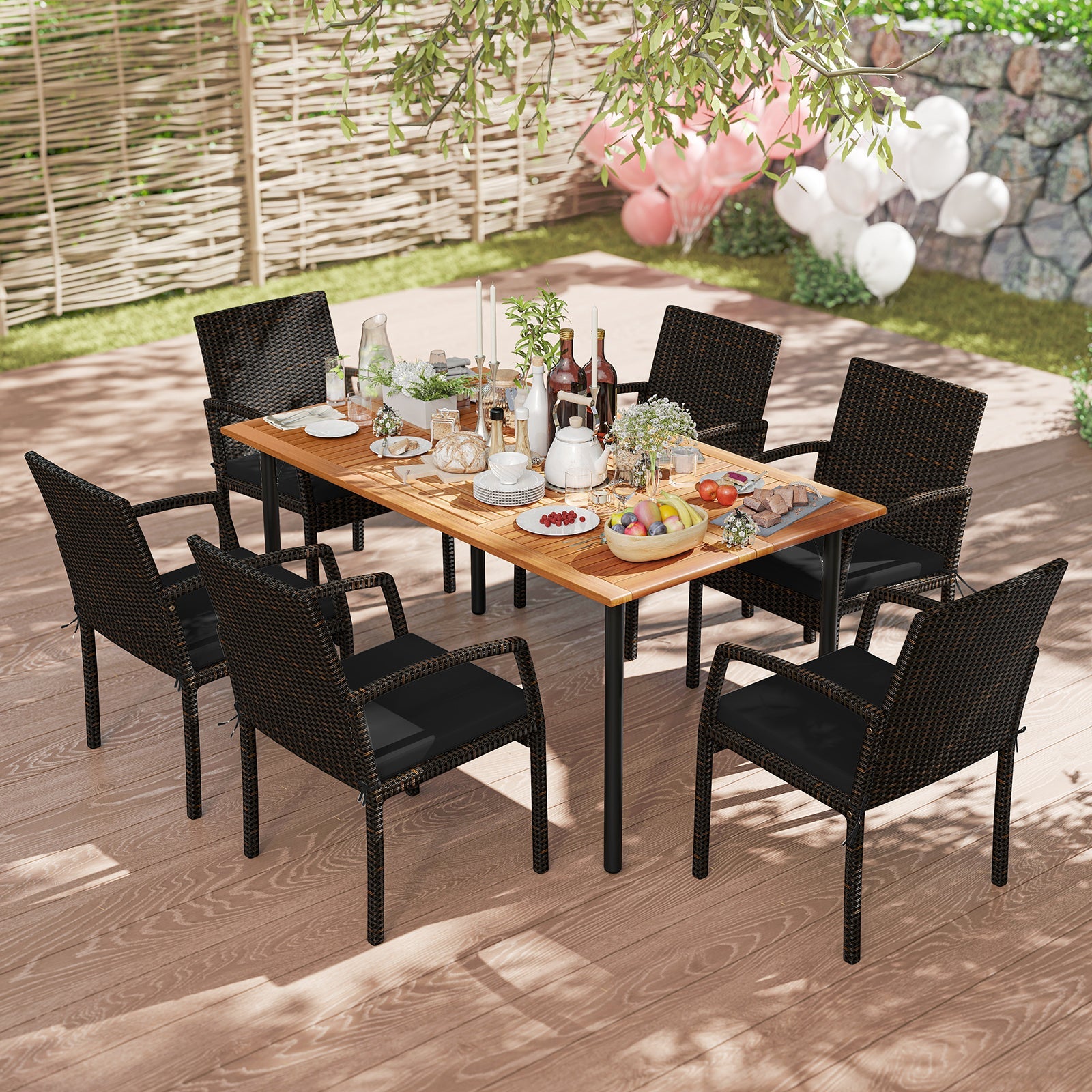 Costway 7-Piece Outdoor Acacia Wood Dining Set w/ Umbrella Hole & Cushions Turquoise 429385176 New