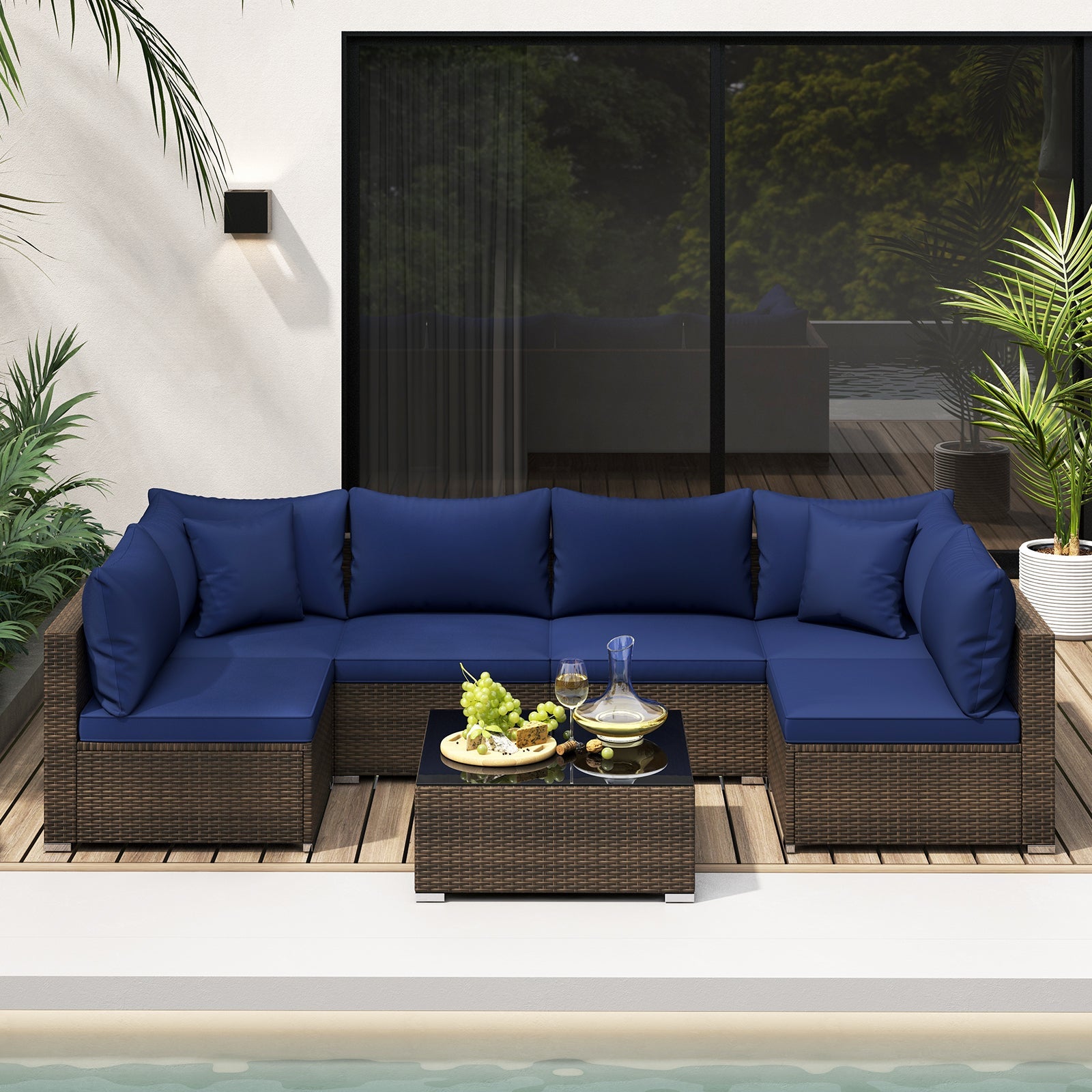 Costway 7-Pc Patio Rattan Sectional Sofa Furniture Set Navy 16593782 New