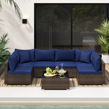 Costway 7-Pc Patio Rattan Sectional Sofa Furniture Set Navy 16593782 New