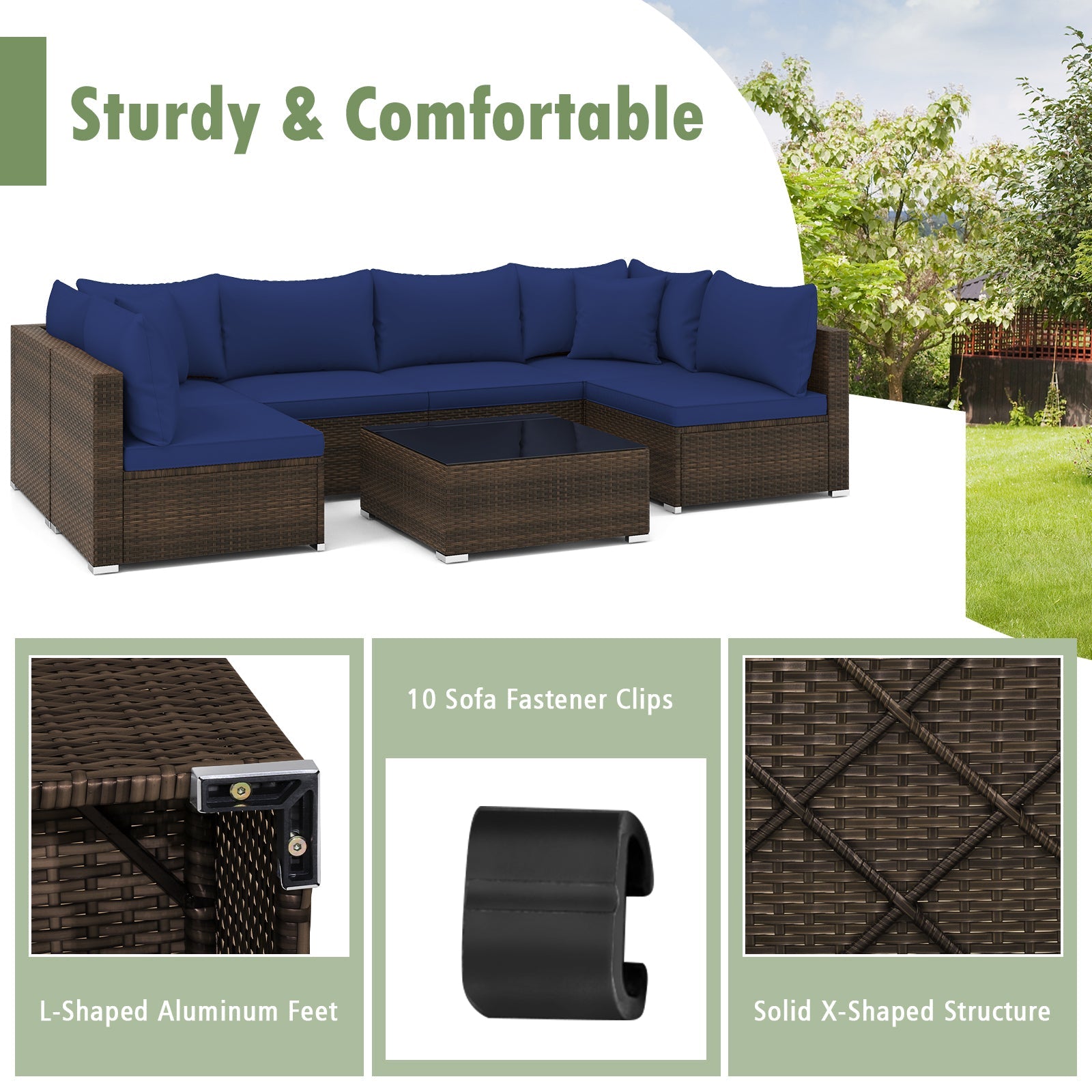 Costway 7-Pc Patio Rattan Sectional Sofa Furniture Set Navy 16593782 New