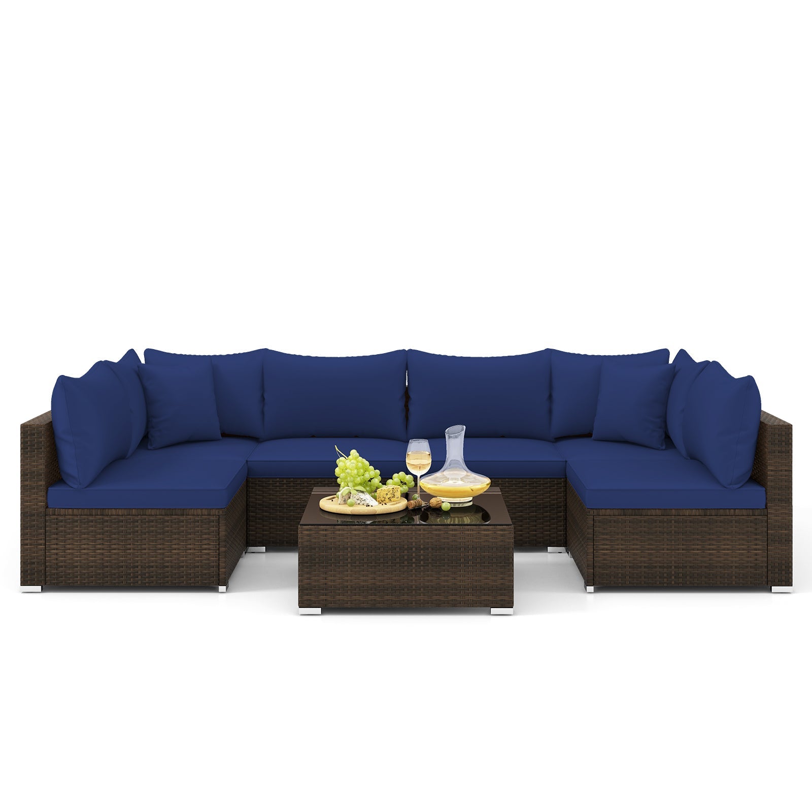 Costway 7-Pc Patio Rattan Sectional Sofa Furniture Set Navy 16593782 New