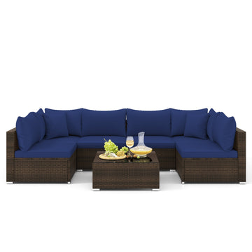 Costway 7-Pc Patio Rattan Sectional Sofa Furniture Set Navy 16593782 New