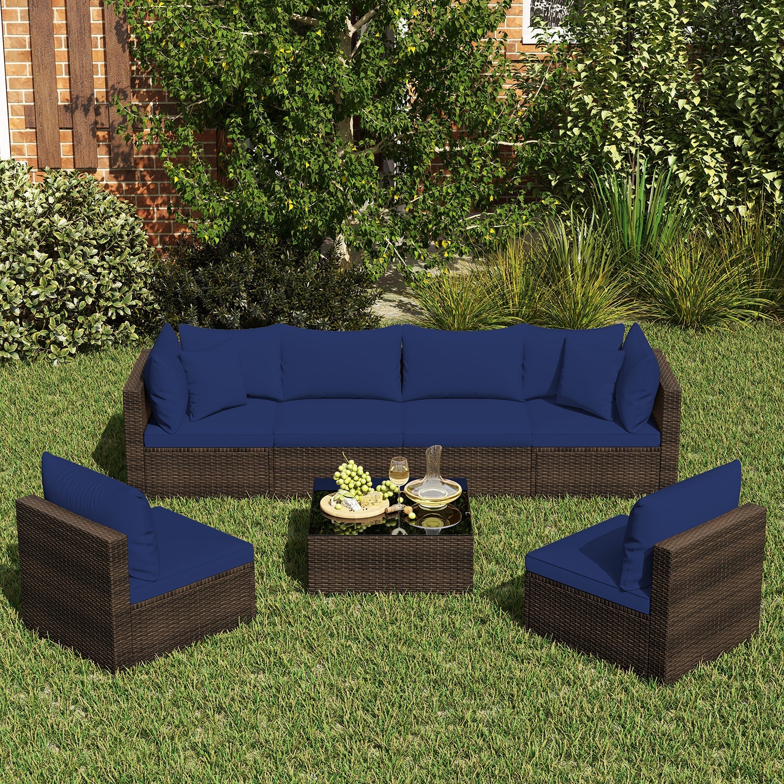 Costway 7-Pc Patio Rattan Sectional Sofa Furniture Set Navy 16593782 New