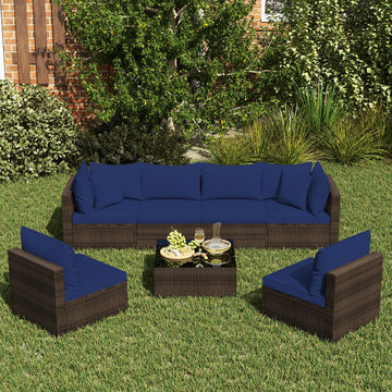 Costway 7-Pc Patio Rattan Sectional Sofa Furniture Set Navy 16593782 New