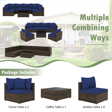 Costway 7-Pc Patio Rattan Sectional Sofa Furniture Set Navy 16593782 New