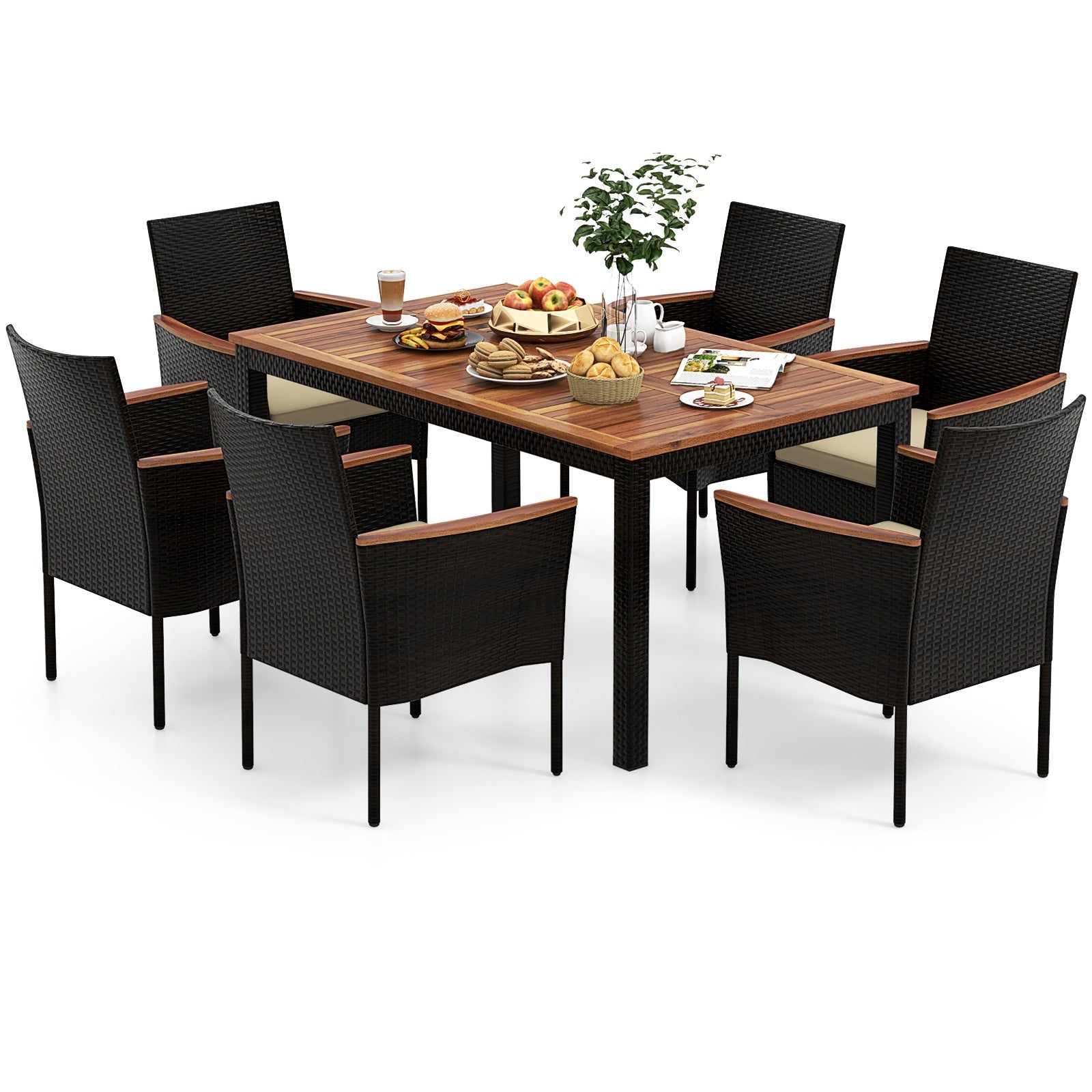 Costway 7-Pc Rattan Patio Dining Set Stackable Chairs Umbrella Hole 84925367 New