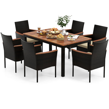 Costway 7-Pc Rattan Patio Dining Set Stackable Chairs Umbrella Hole 84925367 New