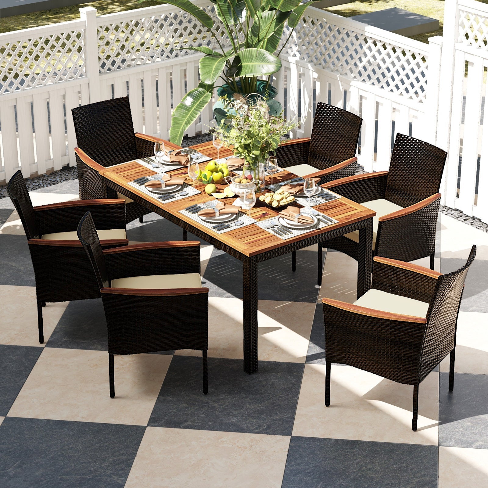 Costway 7-Pc Rattan Patio Dining Set Stackable Chairs Umbrella Hole 84925367 New