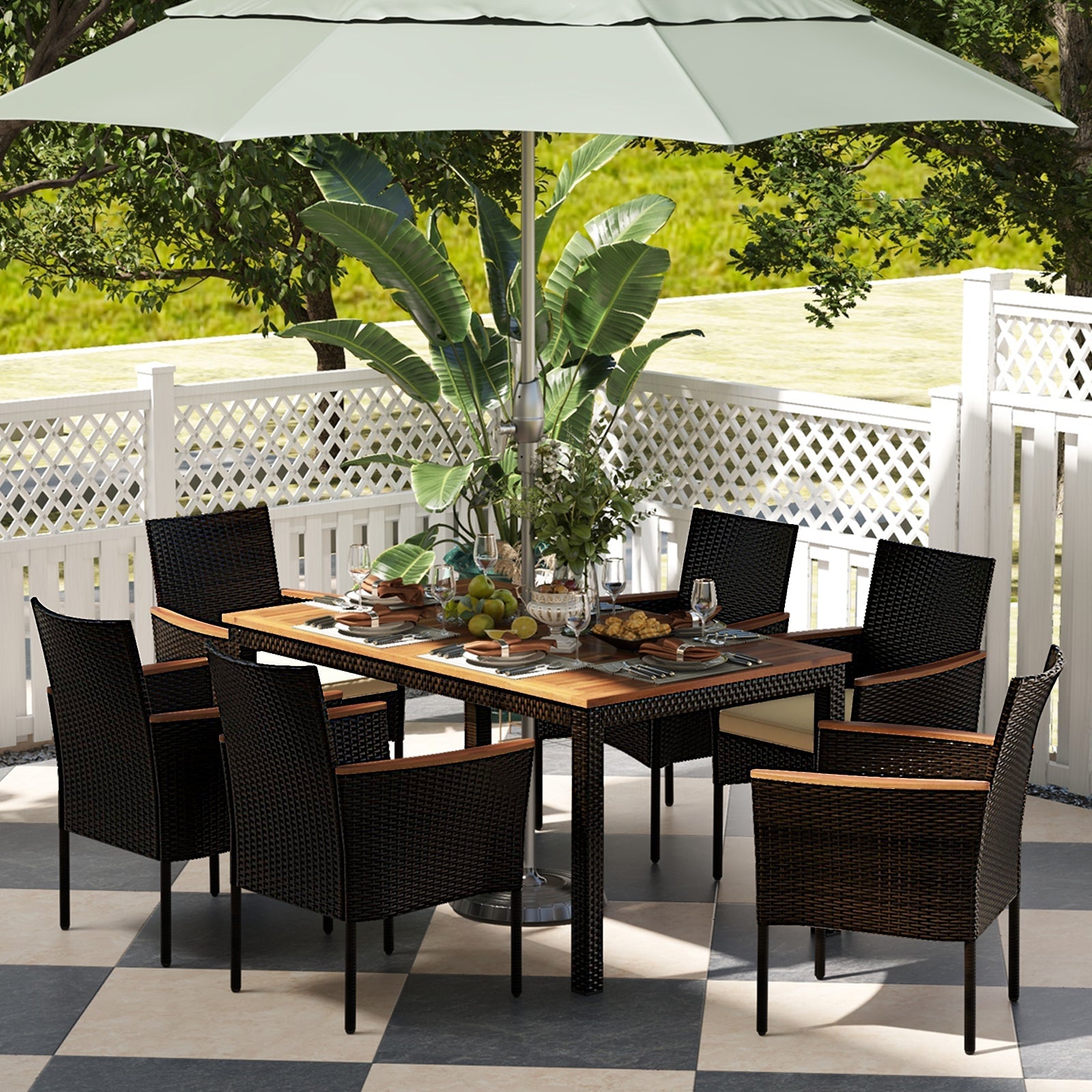 Costway 7-Pc Rattan Patio Dining Set Stackable Chairs Umbrella Hole 84925367 New