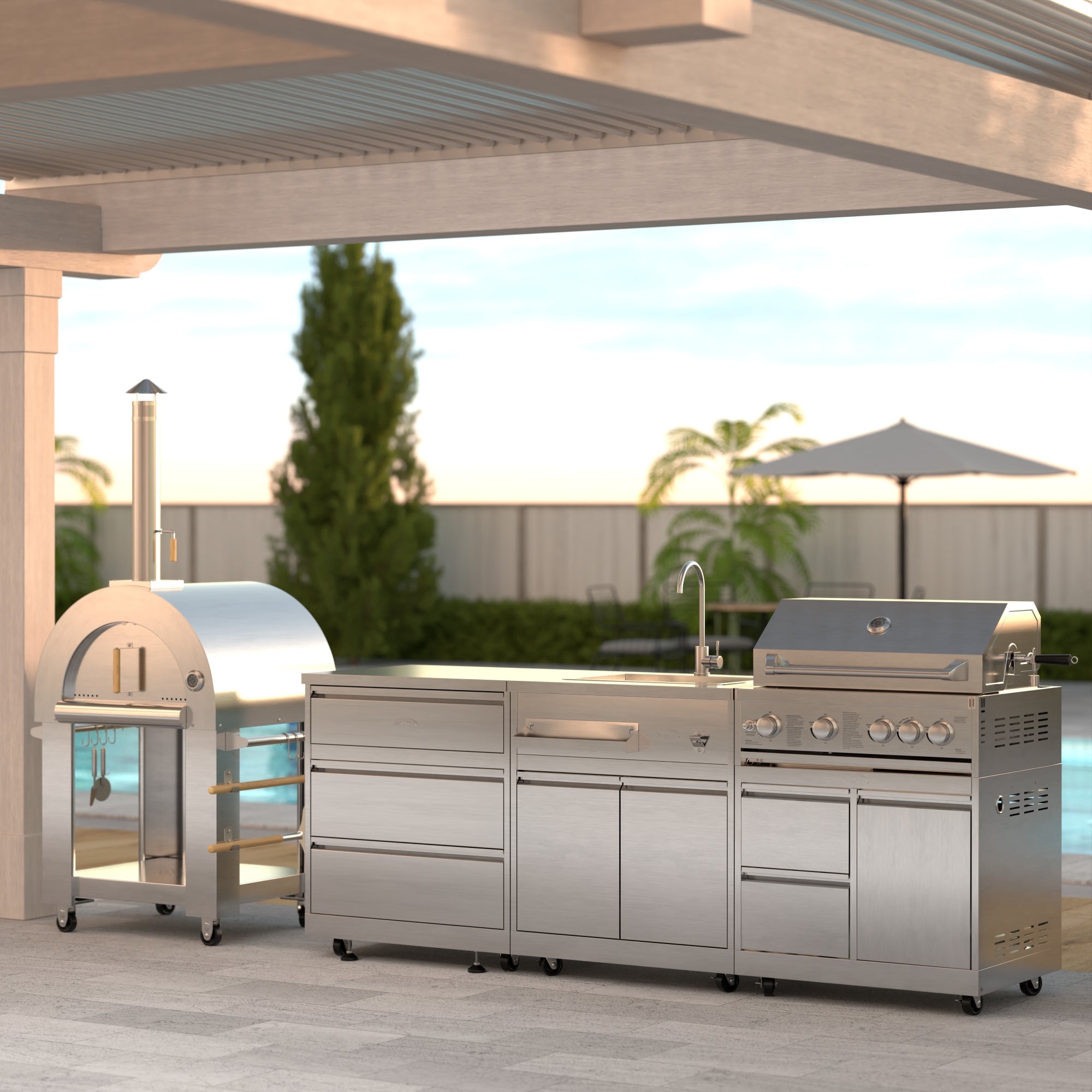 KoolMore Outdoor Kitchen Series Modular Kitchen with a Wood fire Pizza Oven, 3 Drawer Cabinet,  Sink, 30 in. BBQ Grill and Cabinet in Stainless-Steel