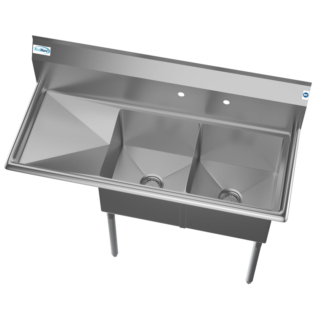 48 in. Two Compartment Stainless Steel Commercial Sink with 2 Drainboards, Bowl Size 15"x 15"x 12"