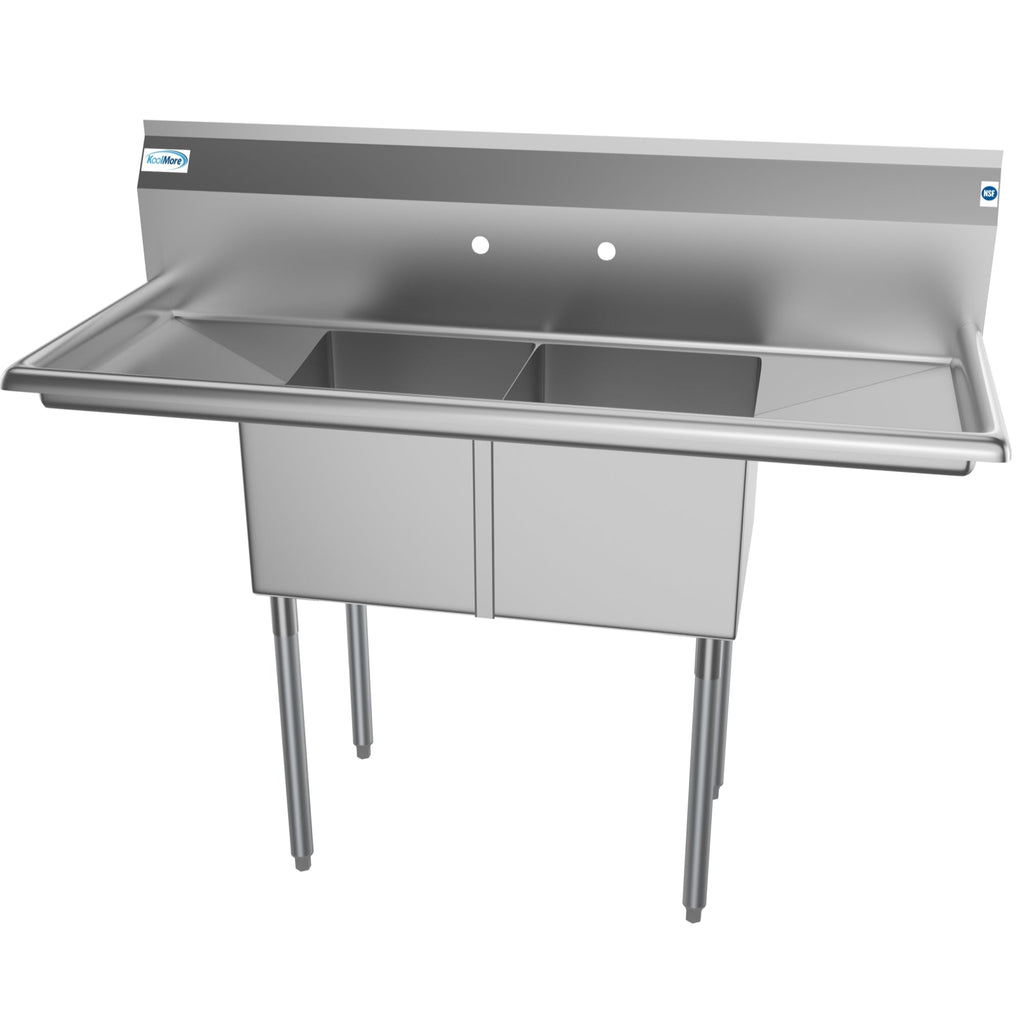 52 in. Two Compartment Stainless Steel Commercial Sink with 2 Drainboards, Bowl Size 14"x 16"x 11"