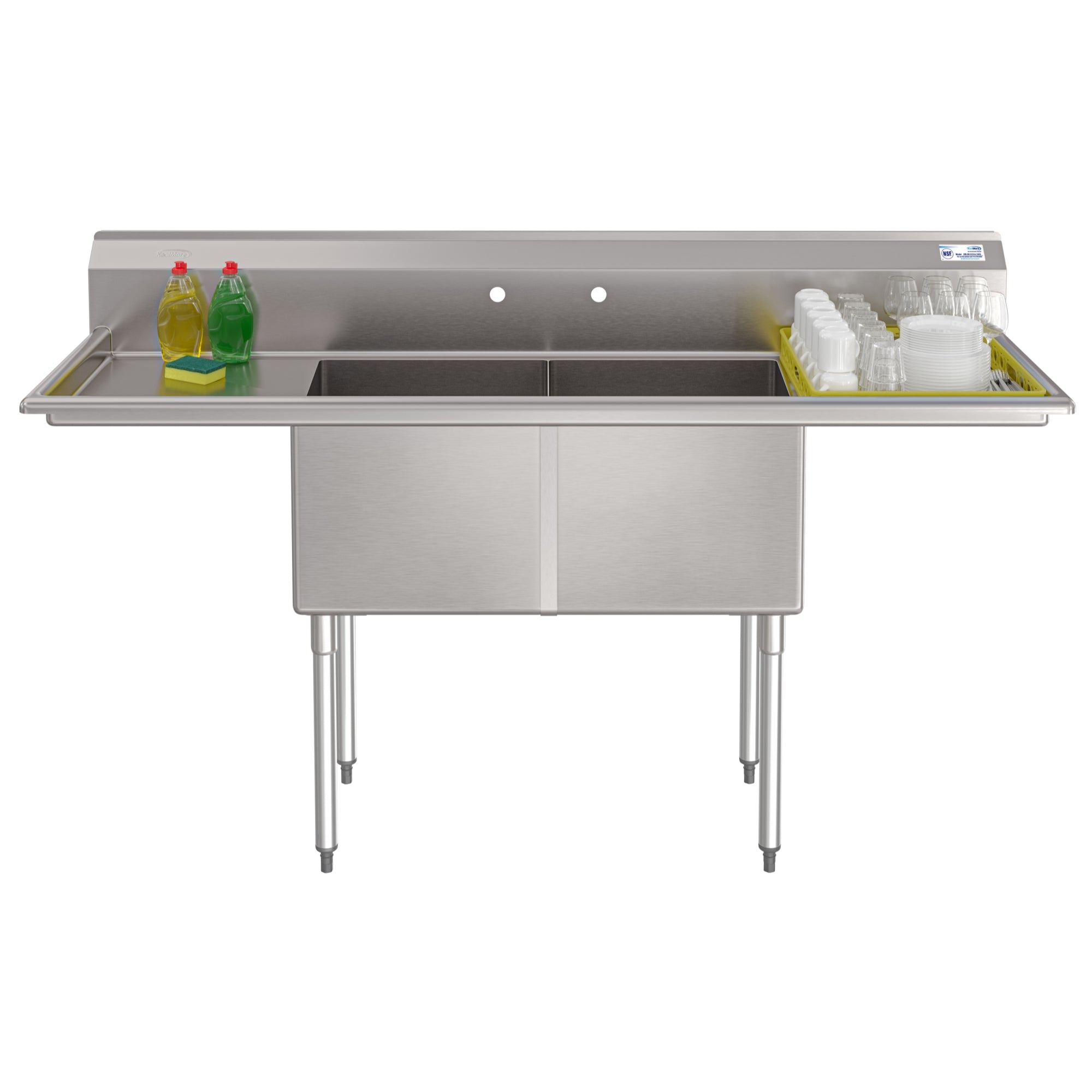 72 in. 16-Gauge Commercial Sink with Backsplash and Dual 18 in. Drainboards, Bowl Dimensions 18"x18"x14" in Stainless-Steel