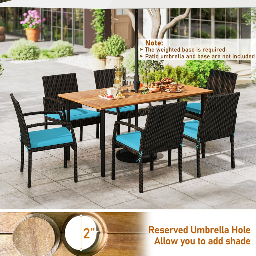 Costway 7-Piece Outdoor Acacia Wood Dining Set w/ Umbrella Hole & Cushions Turquoise 429385176 New