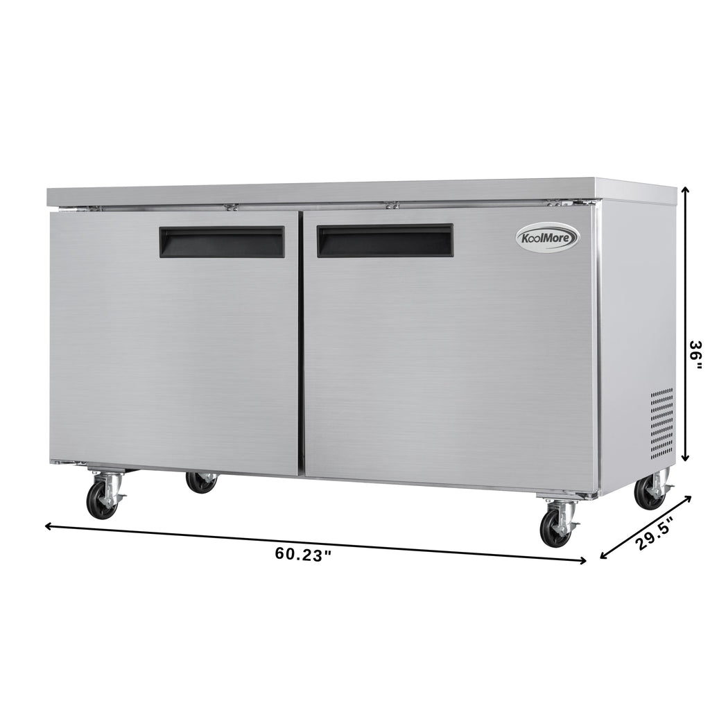 60 in. Two-Door Commercial Undercounter Freezer in Stainless Steel with Casters, ETL Listed