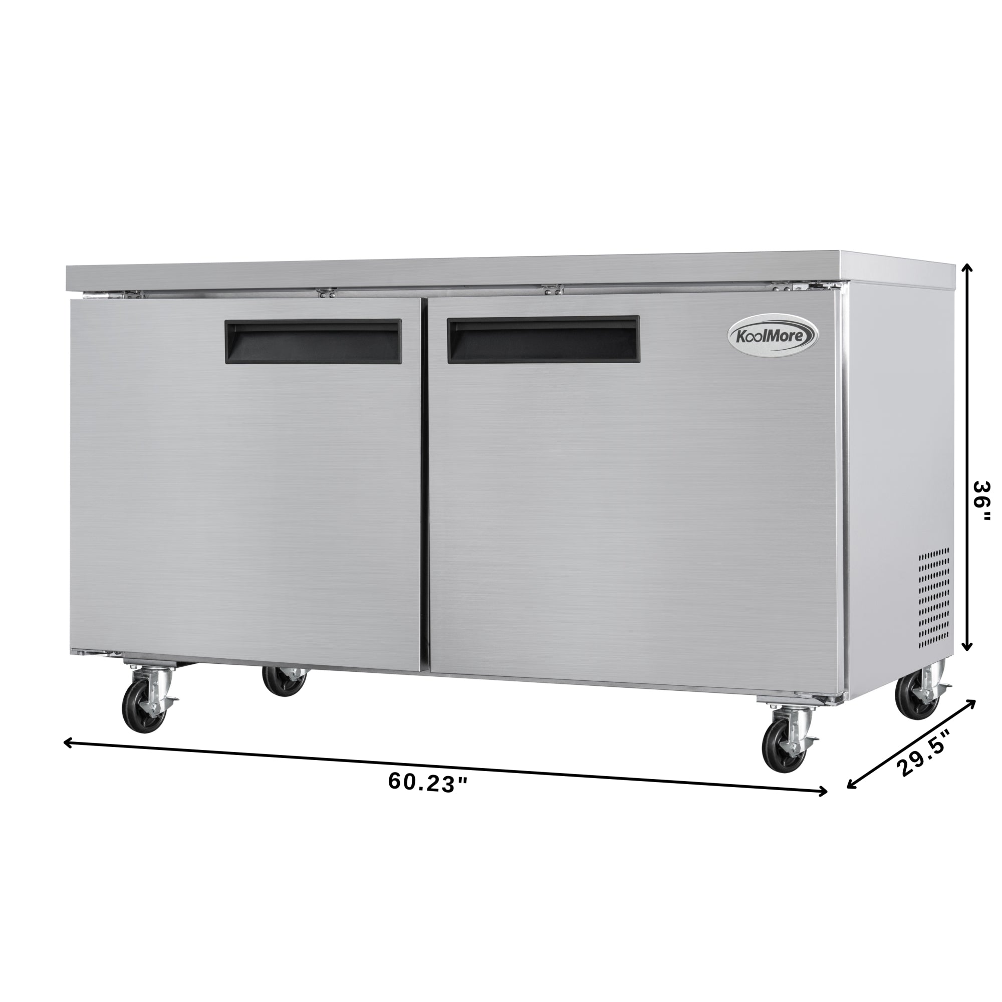 60 in. Two-Door Commercial Undercounter Freezer in Stainless Steel with Casters, ETL Listed