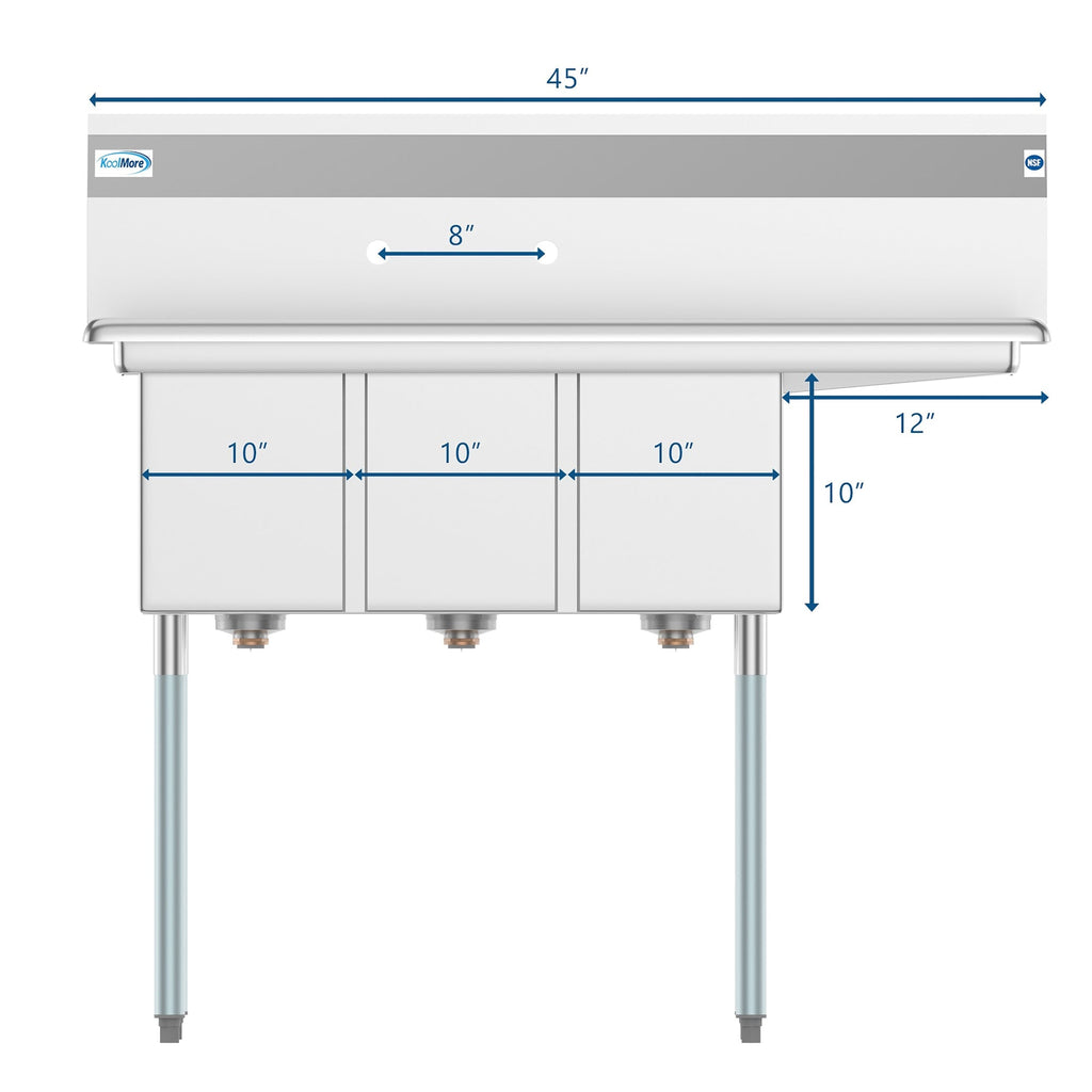 45 in. Three Compartment Stainless Steel Commercial Sink with Drainboard, Bowl Size 10"x 14"x 10"