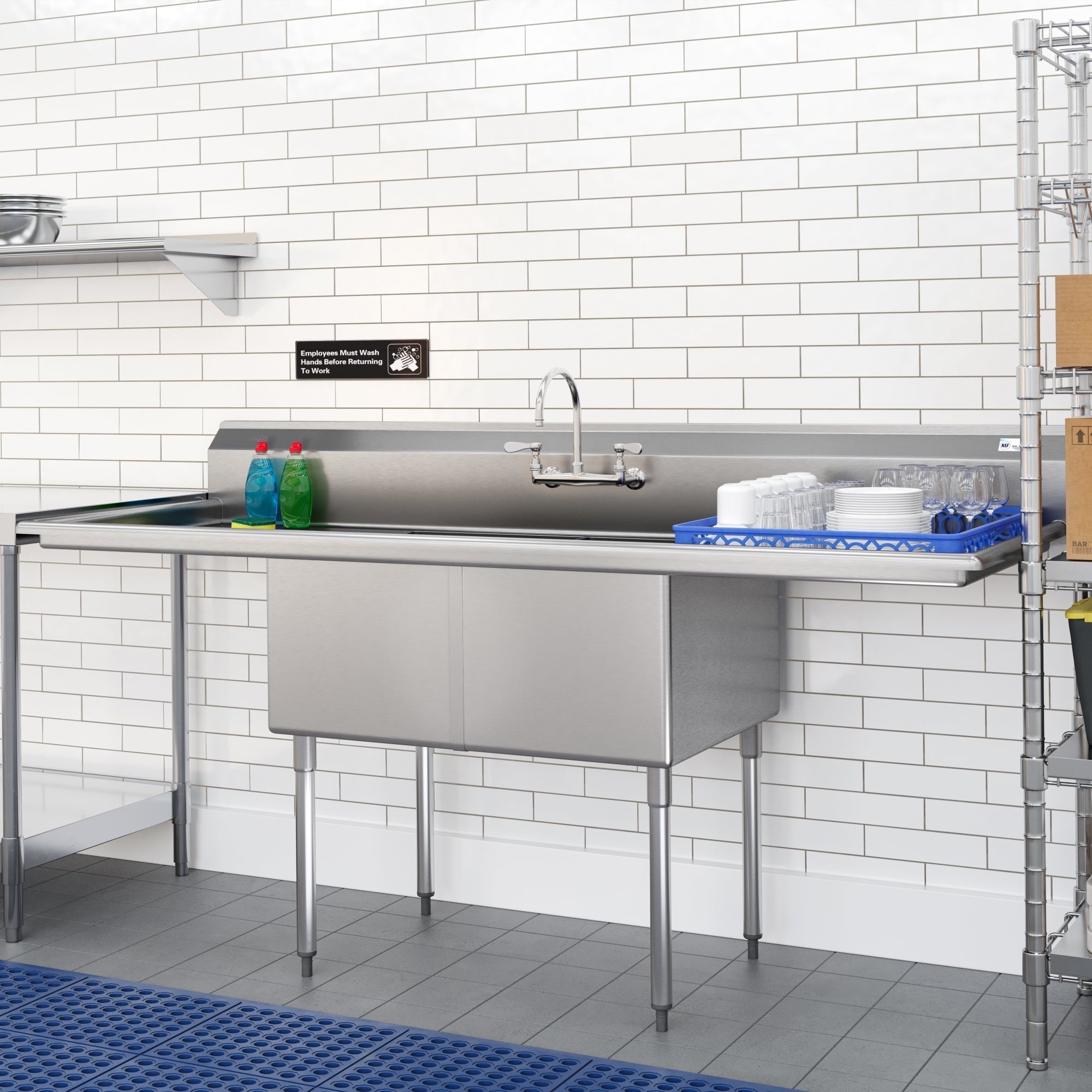 84 in. 18-Gauge 2-Compartment Commercial Sink with Backsplash and 24 in. Dual Drainboards, Bowl dimensions 18"x24"x14" in Stainless-Steel