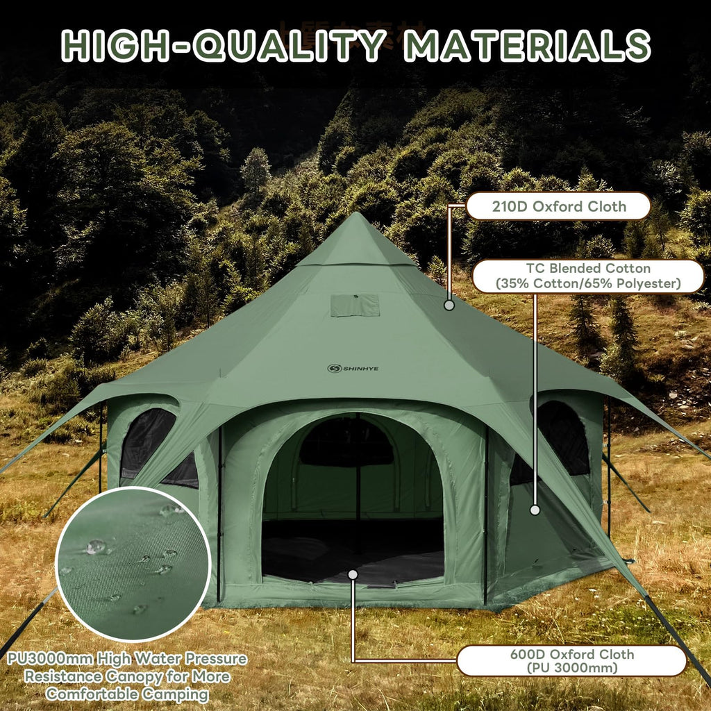 ShinHye 16.4ft Bell Tent for Glamping & Camping – Waterproof Canvas with Stove Jack, Removable Floor & 8 Mesh Windows (Fits 6-8 People)