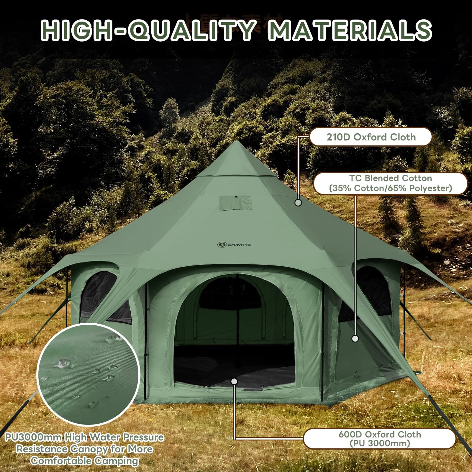 ShinHye 16.4ft Bell Tent for Glamping & Camping – Waterproof Canvas with Stove Jack, Removable Floor & 8 Mesh Windows (Fits 6-8 People)