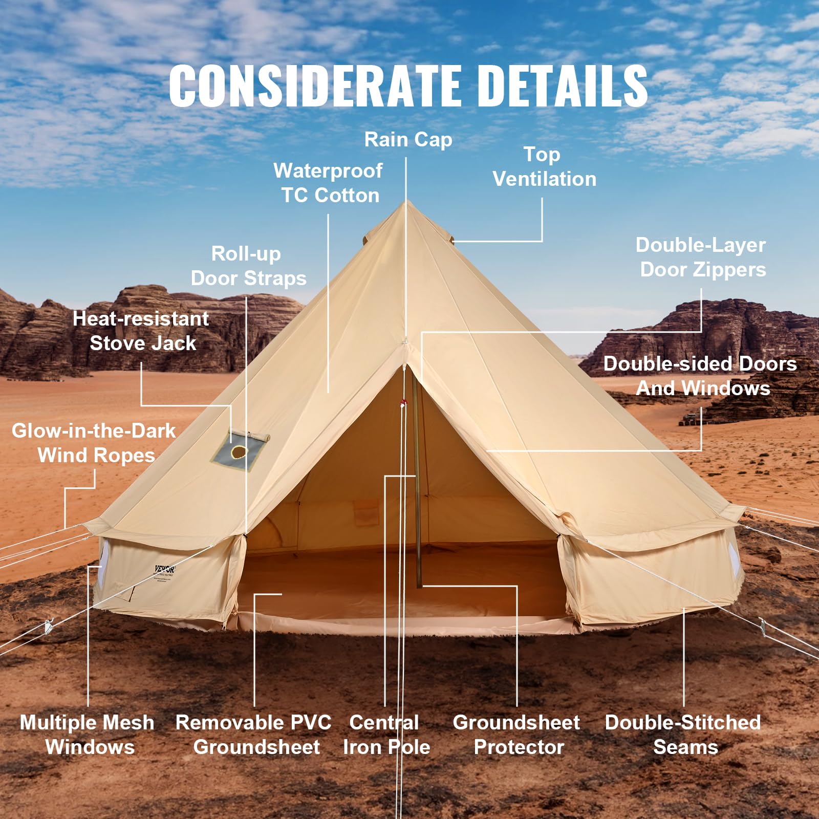 VEVOR Canvas Bell Tent, 4 Seasons 6 m/19.68 ft, Canvas for Camping with Stove Jack, Breathable Holds up to 10 People, Family Camping Outdoor Hunting Party