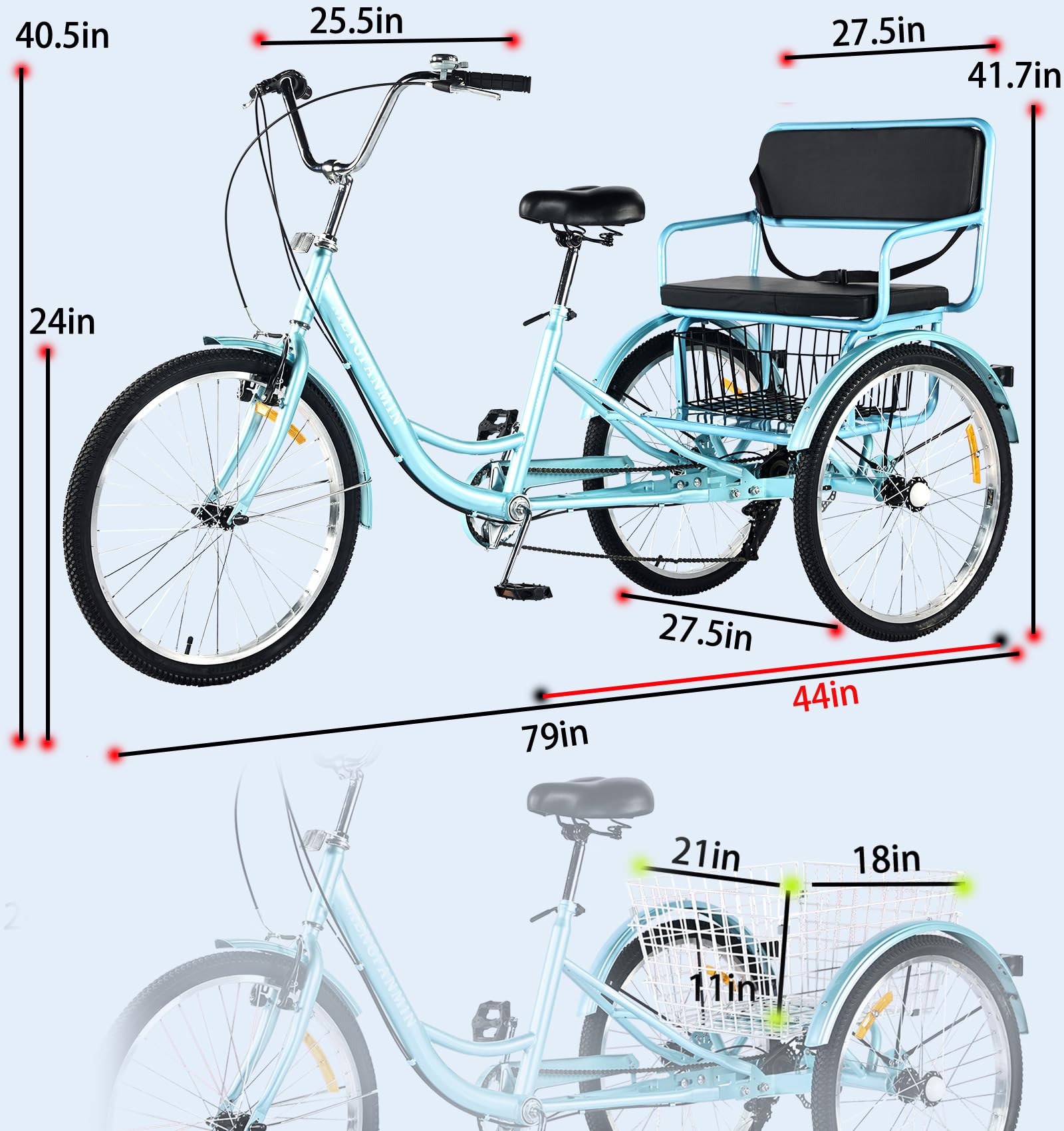 DONGSHAN Tricycle Adult Folding Bicycle Comfortable seat 3 Wheel Bicycle Rear Enlarged Vegetable Basket Double Chain 20/24in for Parents and Children Maximum Load 440lbs 7speed (24in-Blue)