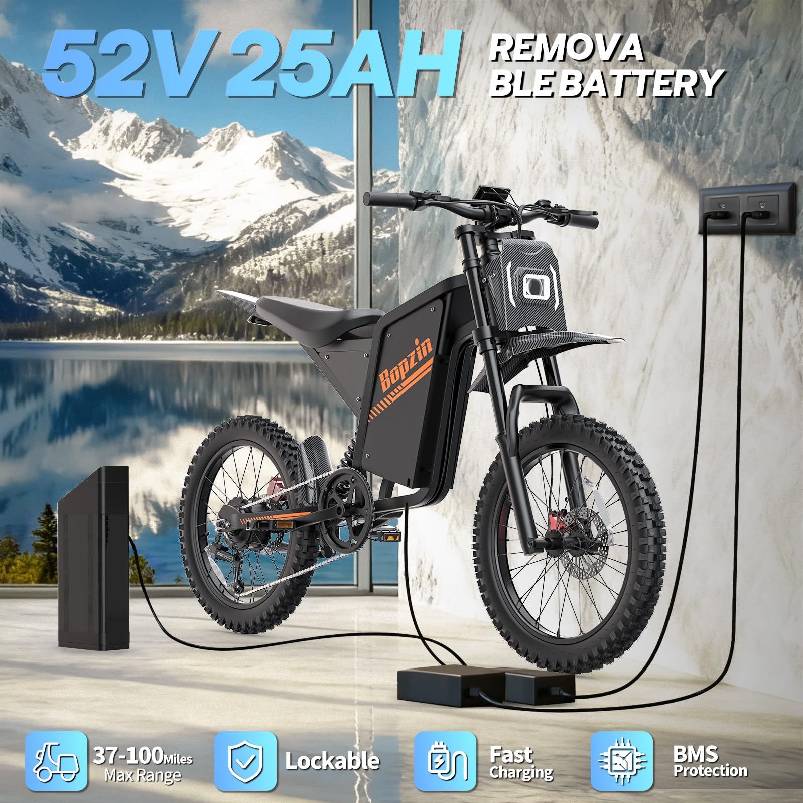 Bopzin Electric Dirt Bike for Adults, 2500W Motor 35MPH, 52V 25Ah Battery 80+ Miles Range, 20"x3" Fat Tires, App Control & Keyless Unlock, Full Suspension, Hydraulic Brakes, UL2849 Certified