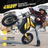 Heybike Villain Electric Dirt Bike, 4160W E Dirt Bike with 52V 26AH Battery, 14"/12" Fat Tire Electric Motorcycle for Teens, Max 45MPH Ebike with Reversing Function(with Crossbody Bag; Yellow&Black)