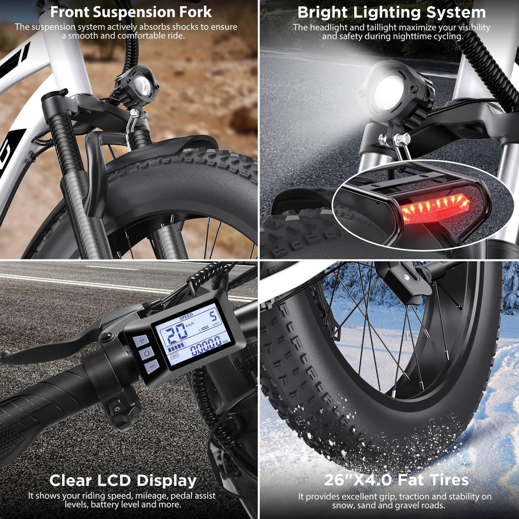 Funhang Electric Bike for Adults, 1000W Peak Ebike, 20MPH 60Miles Electric Mountain Bike, 26" Fat Tire Electric Bicycle with 48V 13AH Battery, Front Suspension,7 Speed, Rear Rack, UL 2849 Certified