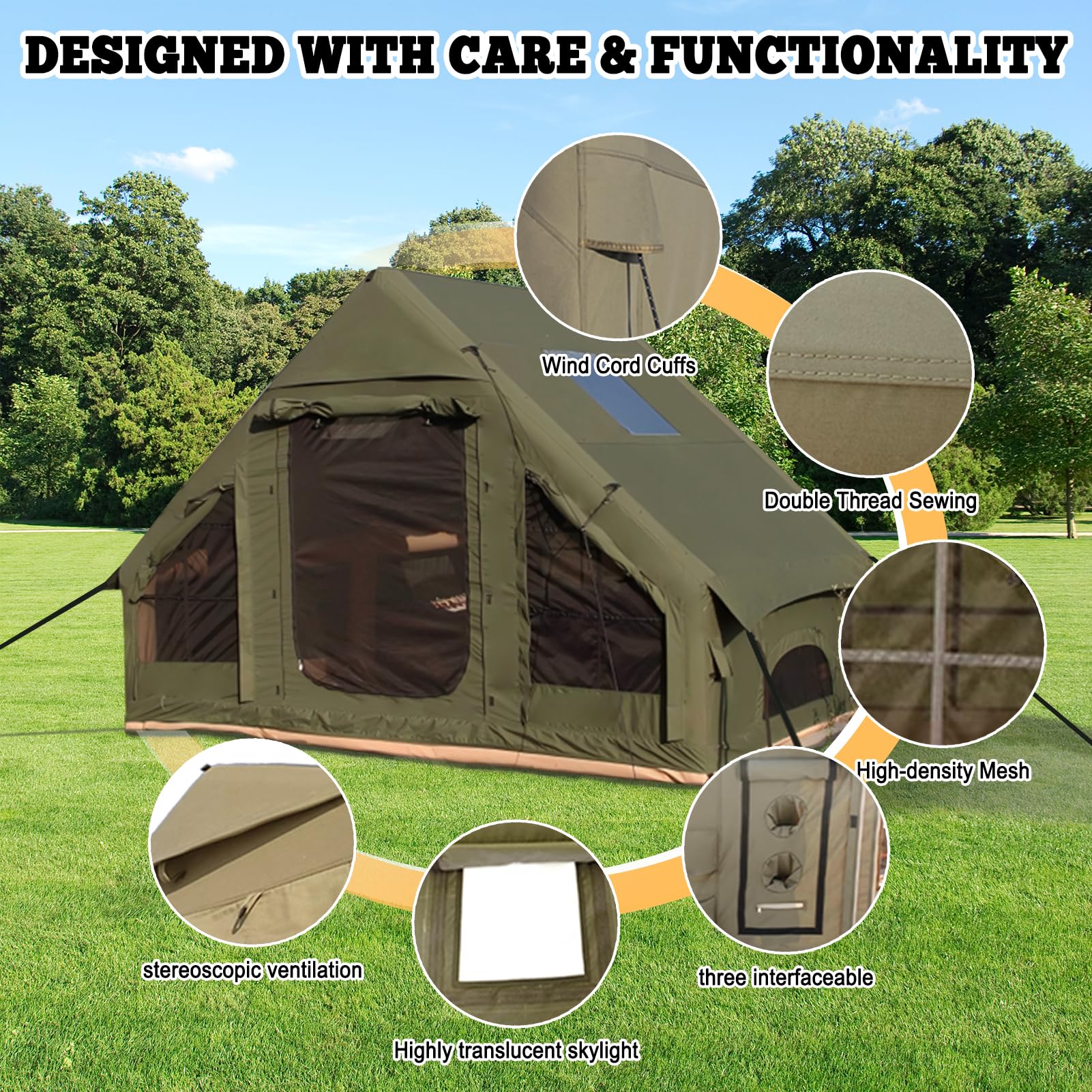 Inflatable Tent, Outdoor Easy Setup Inflatable Tents for Camping, Portable Blow Up Tent with Stove Jack, Cotton Canvas Material for Glamping, for 4 Season, 4/6/8/10 Person Use