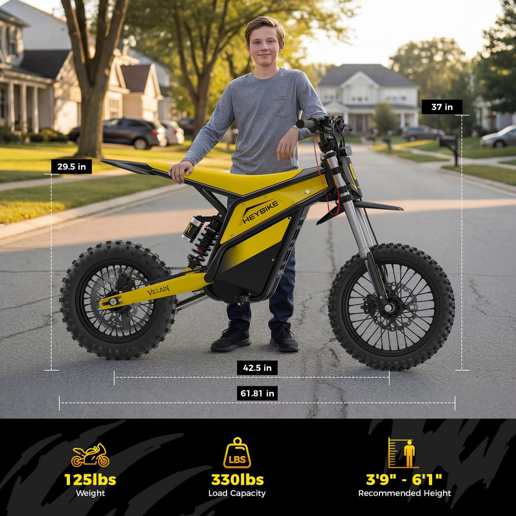 Heybike Villain Electric Dirt Bike, 4160W E Dirt Bike with 52V 26AH Battery, 14"/12" Fat Tire Electric Motorcycle for Teens, Max 45MPH Ebike with Reversing Function(with Crossbody Bag; Yellow&Black)